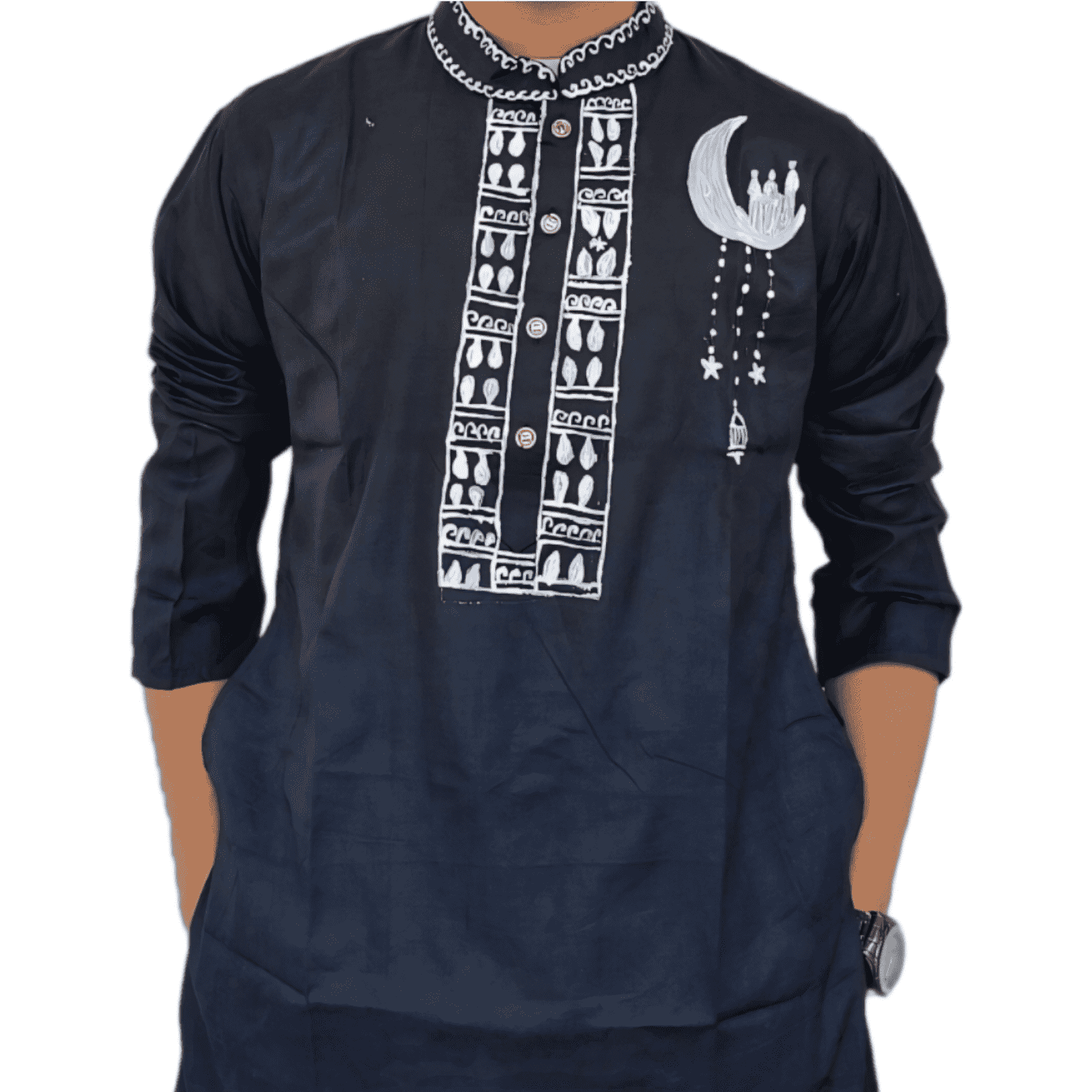 Hand Print Stylish Semi Long Panjabi For Men