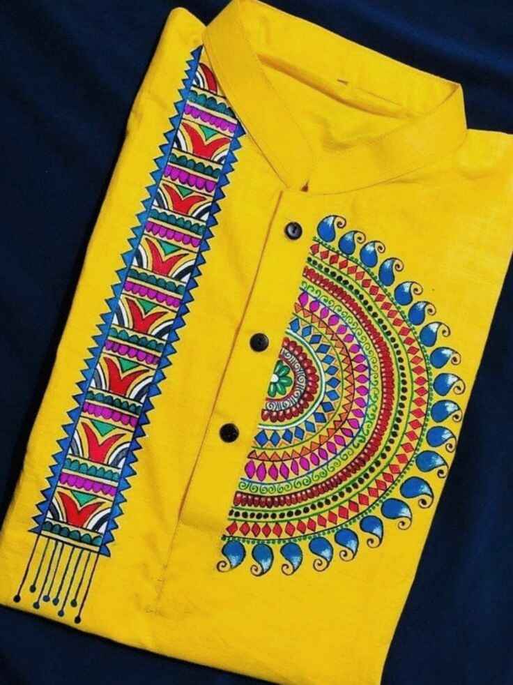 Pure Arong Cotton Traditional Yellow Color Panjabi for Men - Hand Painted Design